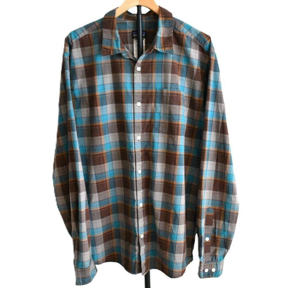 Patagonia Organic Cotton Plaid Button Down Shirt Mens L Blue Brown Long Sleeve